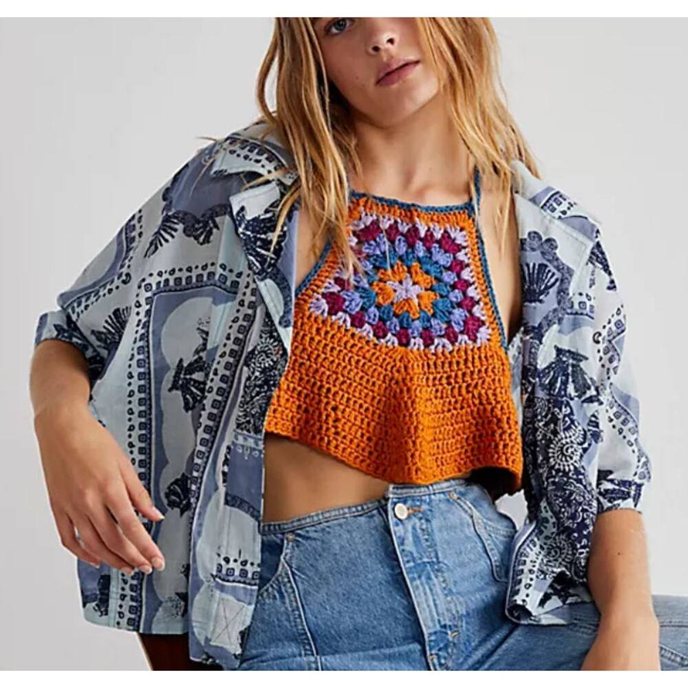 Free People Bella Orange Crochet Knit High Neck Crop Top Bralette Size XSmall XS